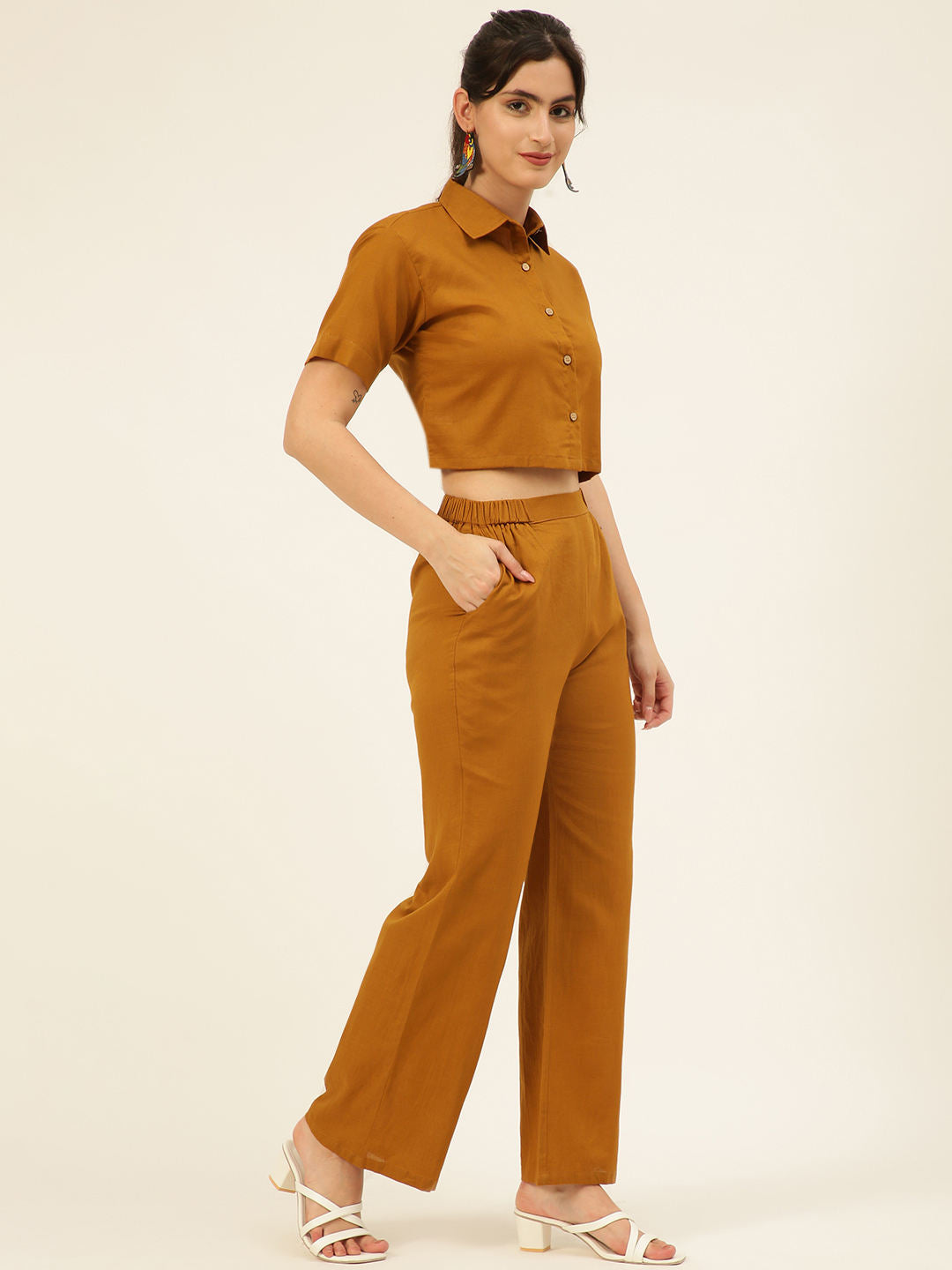 Premium Mustard Cotton Linen Crop Shirt & Trouser Slim Fit Co-ord Set