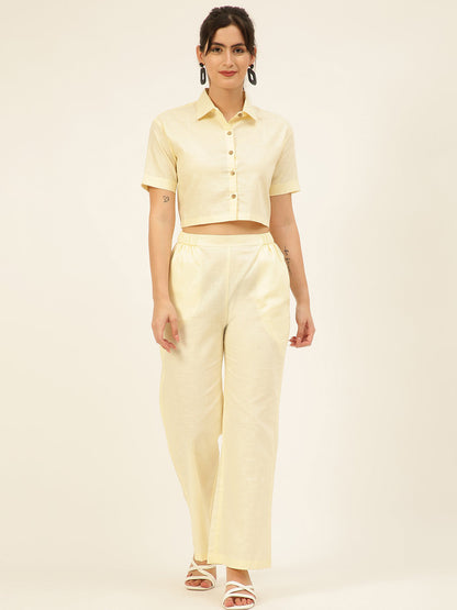 Premium Cream Cotton Linen Crop Shirt & Trouser Slim Fit Co-ord Set