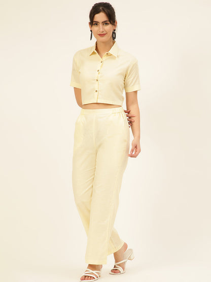 Premium Cream Cotton Linen Crop Shirt & Trouser Slim Fit Co-ord Set