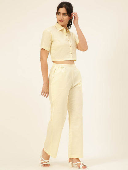 Premium Cream Cotton Linen Crop Shirt & Trouser Slim Fit Co-ord Set