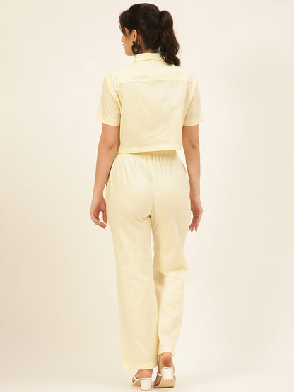 Premium Cream Cotton Linen Crop Shirt & Trouser Slim Fit Co-ord Set