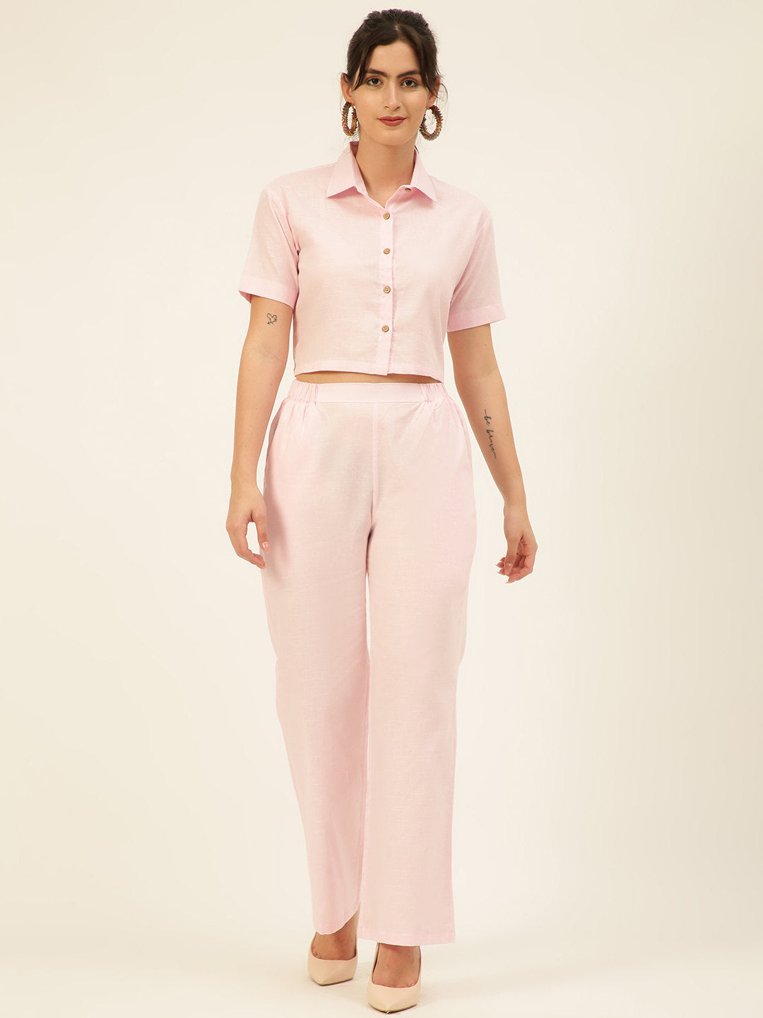 Cotton Linen Crop Shirt & Trouser Slim Fit Co-ord Set (Red)