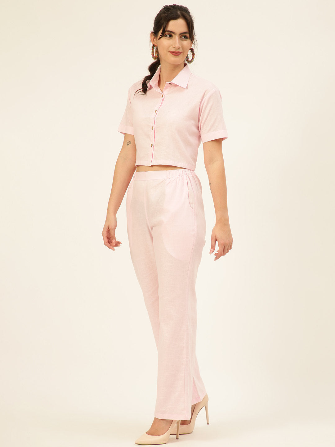 Cotton Linen Crop Shirt & Trouser Slim Fit Co-ord Set (Red)