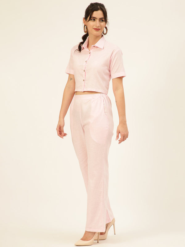 Cotton Linen Crop Shirt & Trouser Slim Fit Co-ord Set (Red)
