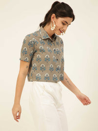 Premium Grey Floral HandBlock Printed Cotton Crop Shirt