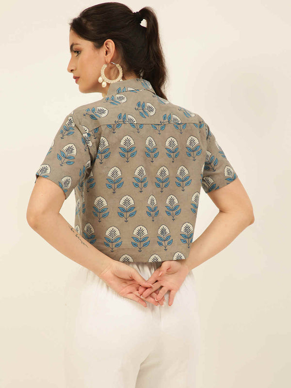 Premium Grey Floral HandBlock Printed Cotton Crop Shirt