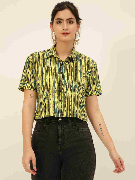Premium Yellow & Black Stripes HandBlock Printed Cotton Crop Shirt