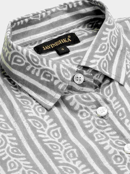 Premium Greyish Blue Floral Stripes HandBlock Printed Cotton Crop Shirt