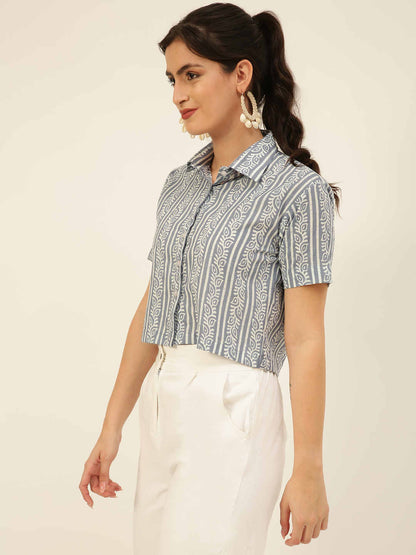 Premium Greyish Blue Floral Stripes HandBlock Printed Cotton Crop Shirt