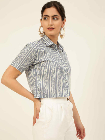 Premium Greyish Blue Floral Stripes HandBlock Printed Cotton Crop Shirt