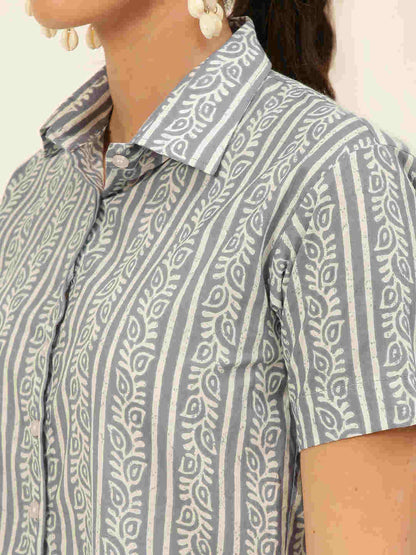 Premium Greyish Blue Floral Stripes HandBlock Printed Cotton Crop Shirt