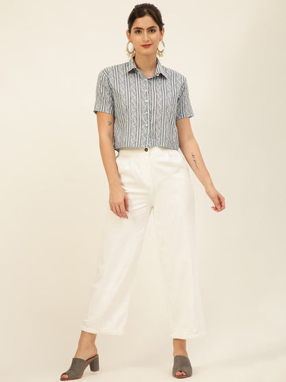 Premium Greyish Blue Floral Stripes HandBlock Printed Cotton Crop Shirt