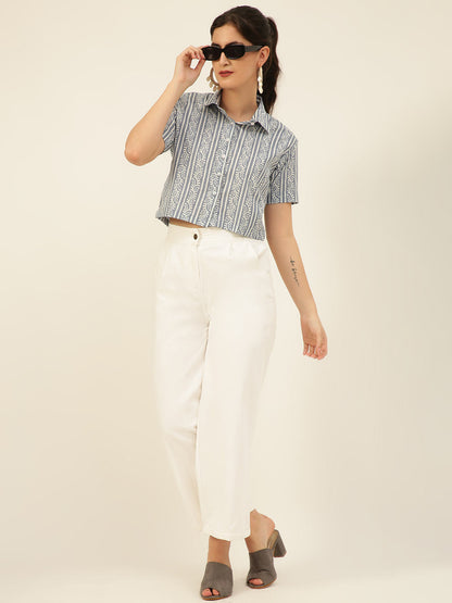 Premium Greyish Blue Floral Stripes HandBlock Printed Cotton Crop Shirt