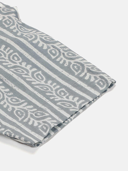 Premium Greyish Blue Floral Stripes HandBlock Printed Cotton Crop Shirt
