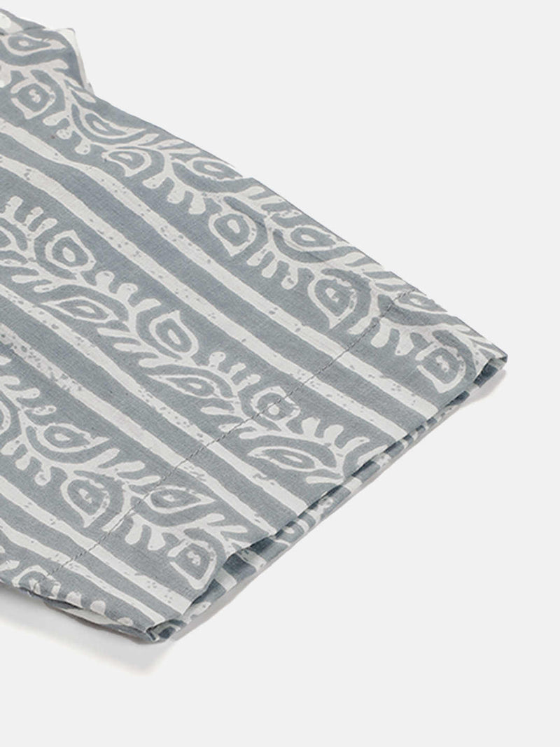 Premium Greyish Blue Floral Stripes HandBlock Printed Cotton Crop Shirt
