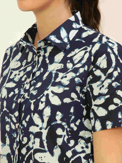 Premium Indigo Blue Motifs HandBlock Printed Cotton Crop Shirt