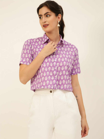 Premium Lavender Motifs HandBlock Printed Cotton Crop Shirt