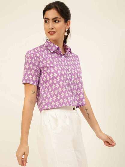 Premium Lavender Motifs HandBlock Printed Cotton Crop Shirt