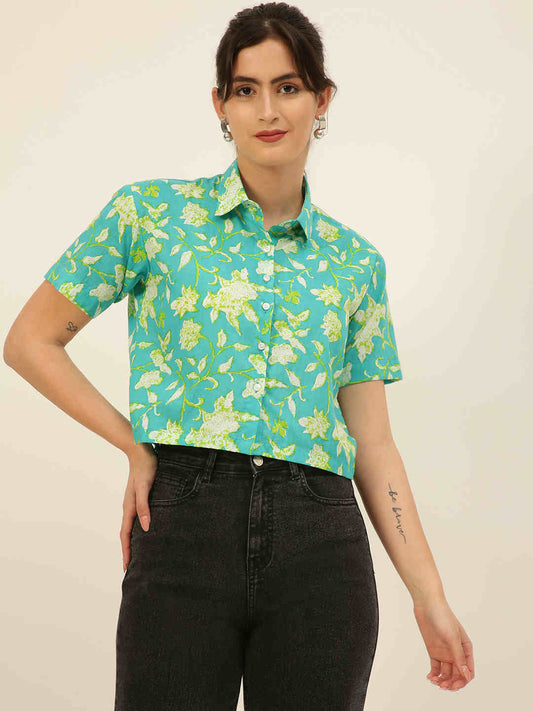 Premium Sea Green Floral HandBlock Printed Cotton Crop Shirt