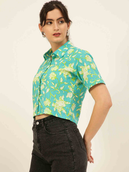 Premium Sea Green Floral HandBlock Printed Cotton Crop Shirt