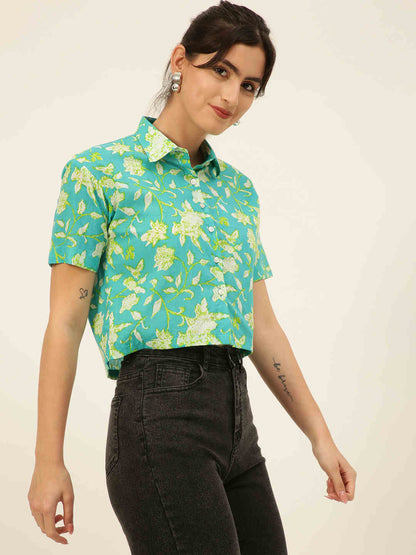 Premium Sea Green Floral HandBlock Printed Cotton Crop Shirt
