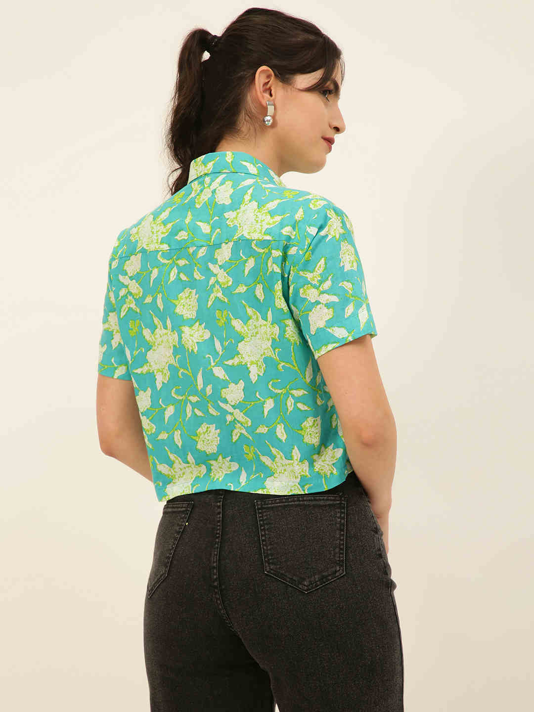 Premium Sea Green Floral HandBlock Printed Cotton Crop Shirt