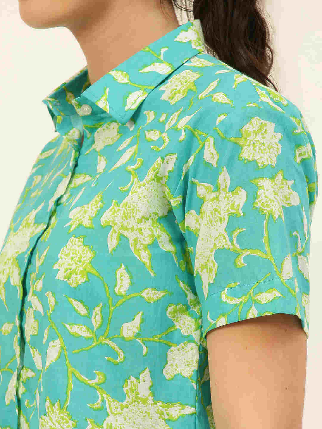 Premium Sea Green Floral HandBlock Printed Cotton Crop Shirt