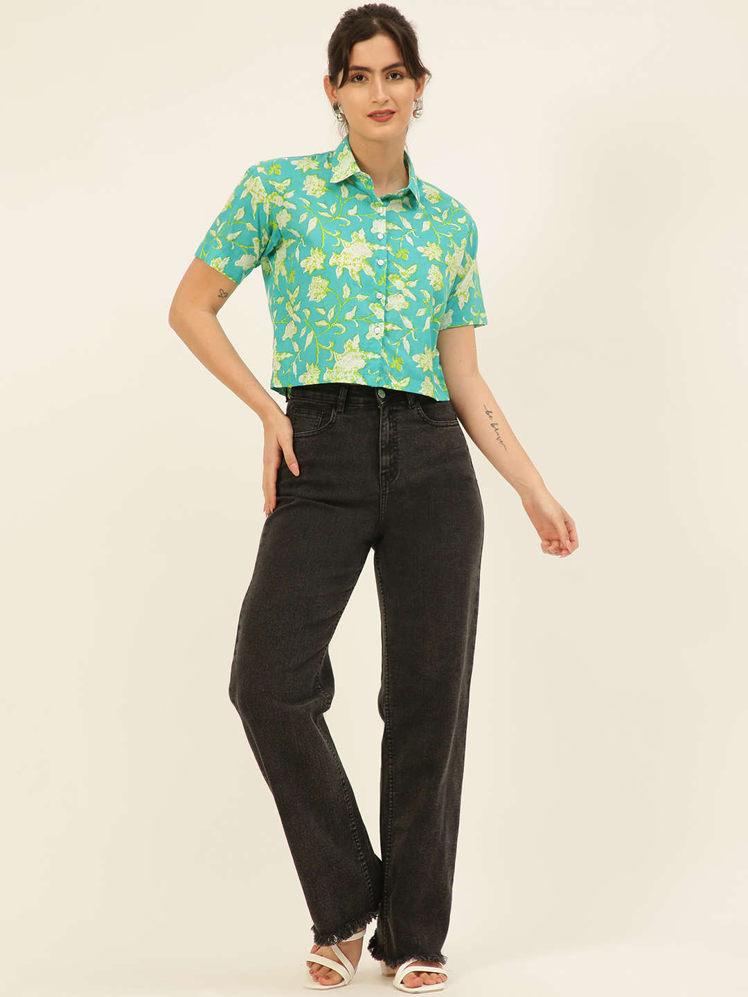 Premium Sea Green Floral HandBlock Printed Cotton Crop Shirt