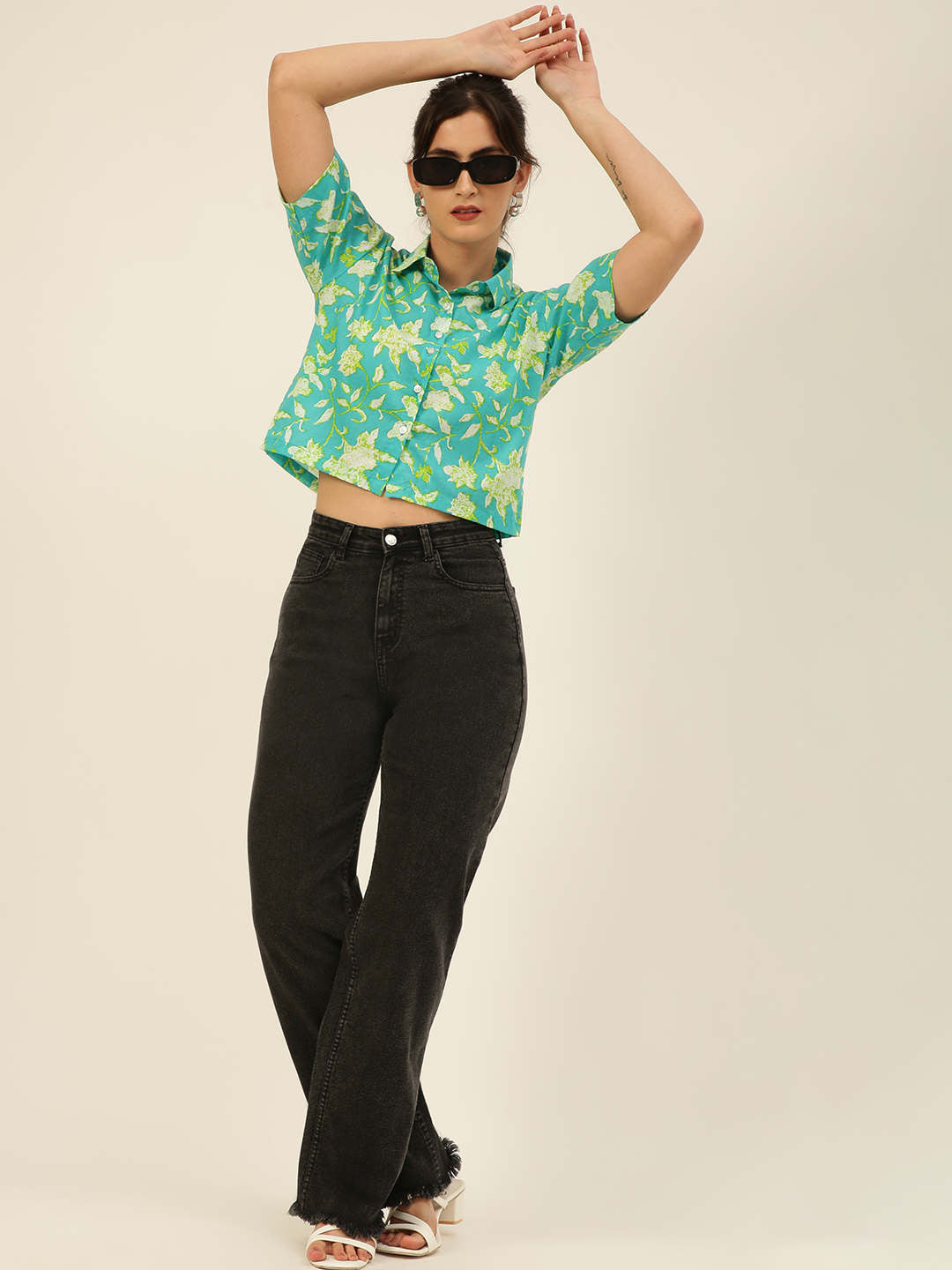 Premium Sea Green Floral HandBlock Printed Cotton Crop Shirt