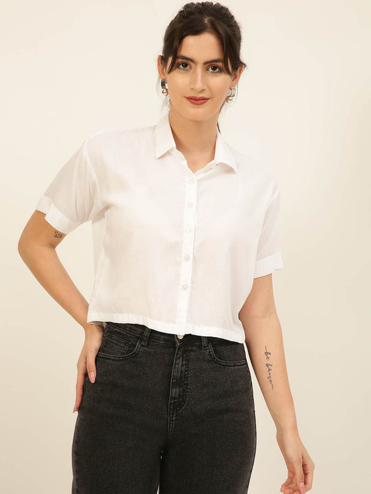 Premium Solid White Rayon Crop Shirt