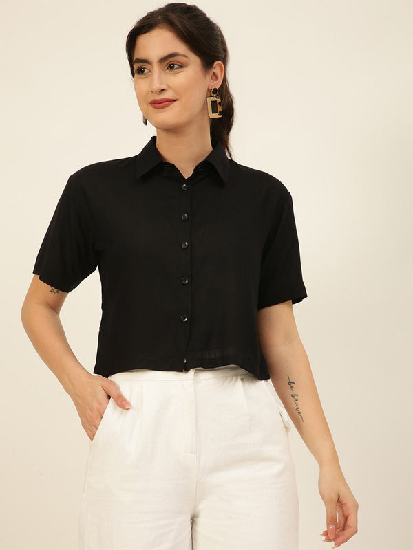 Solid Rayon Crop Shirt