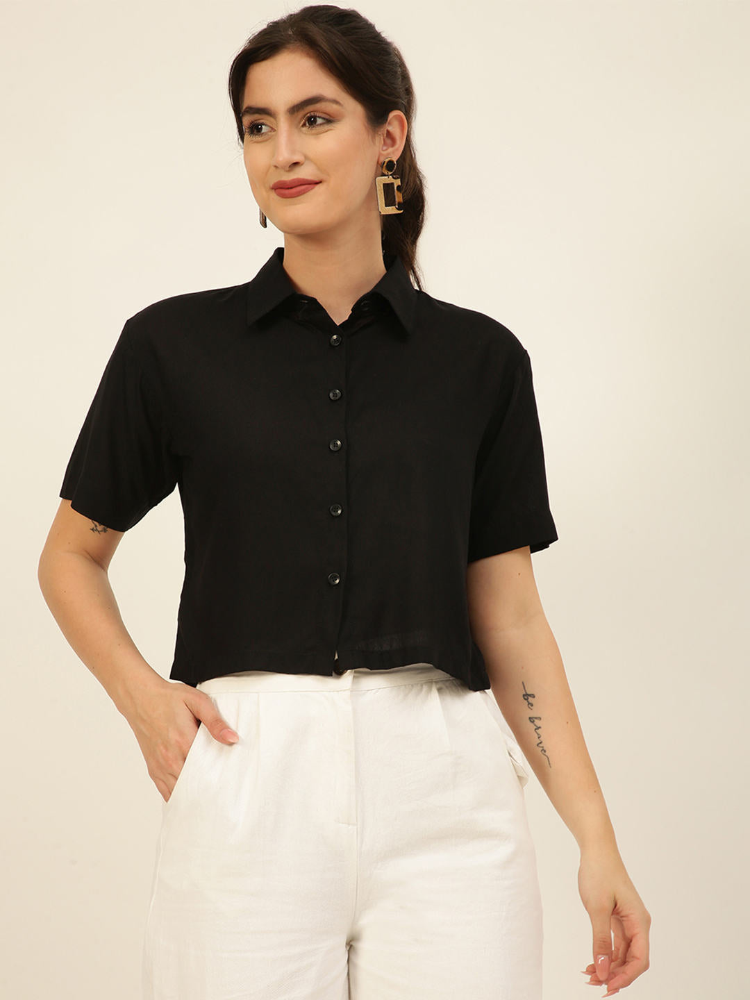 Solid Rayon Crop Shirt