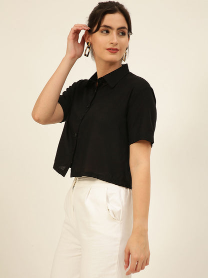 Premium Solid Black Rayon Crop Shirt