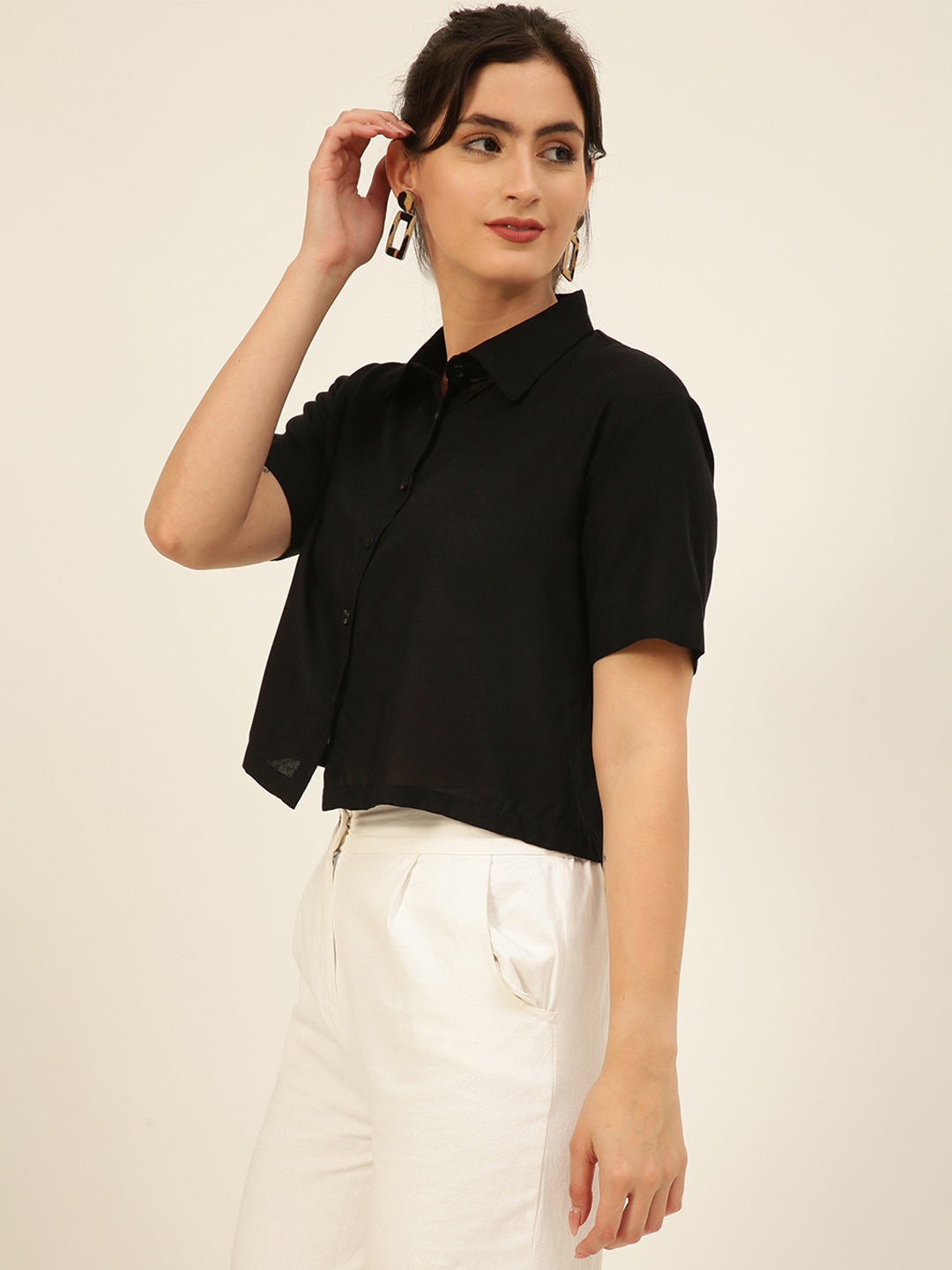 Solid Rayon Crop Shirt