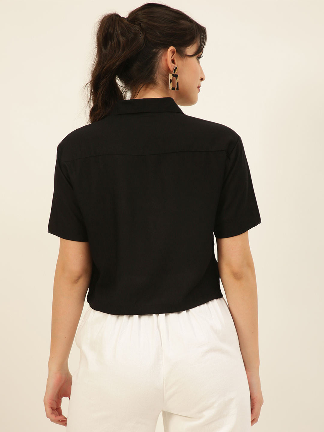 Premium Solid Black Rayon Crop Shirt