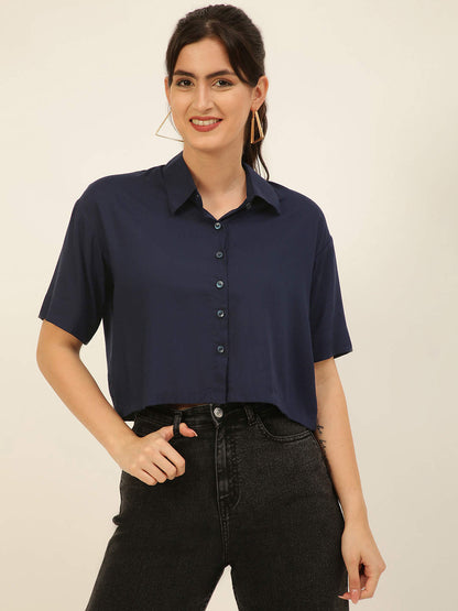 Premium Solid Navy Blue Rayon Crop Shirt