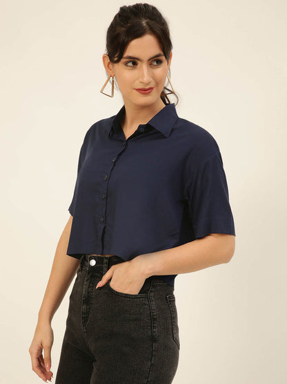 Premium Solid Navy Blue Rayon Crop Shirt