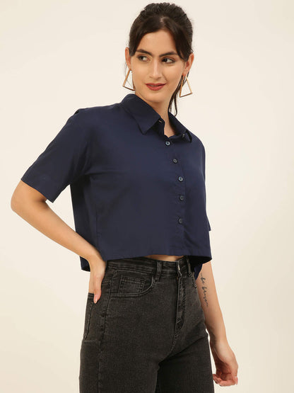 Premium Solid Navy Blue Rayon Crop Shirt