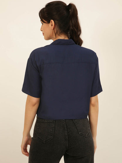Premium Solid Navy Blue Rayon Crop Shirt