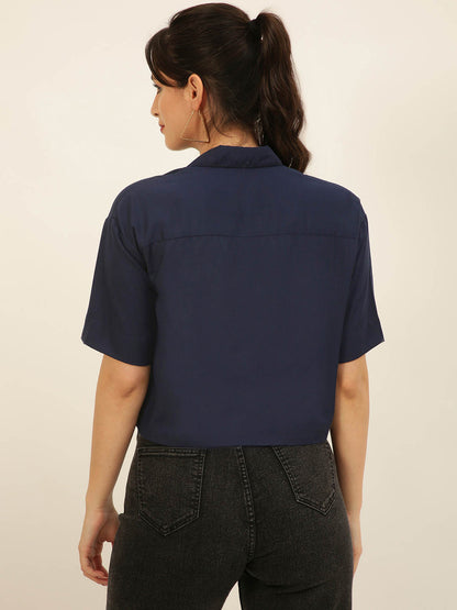 Premium Solid Navy Blue Rayon Crop Shirt