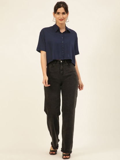 Premium Solid Navy Blue Rayon Crop Shirt