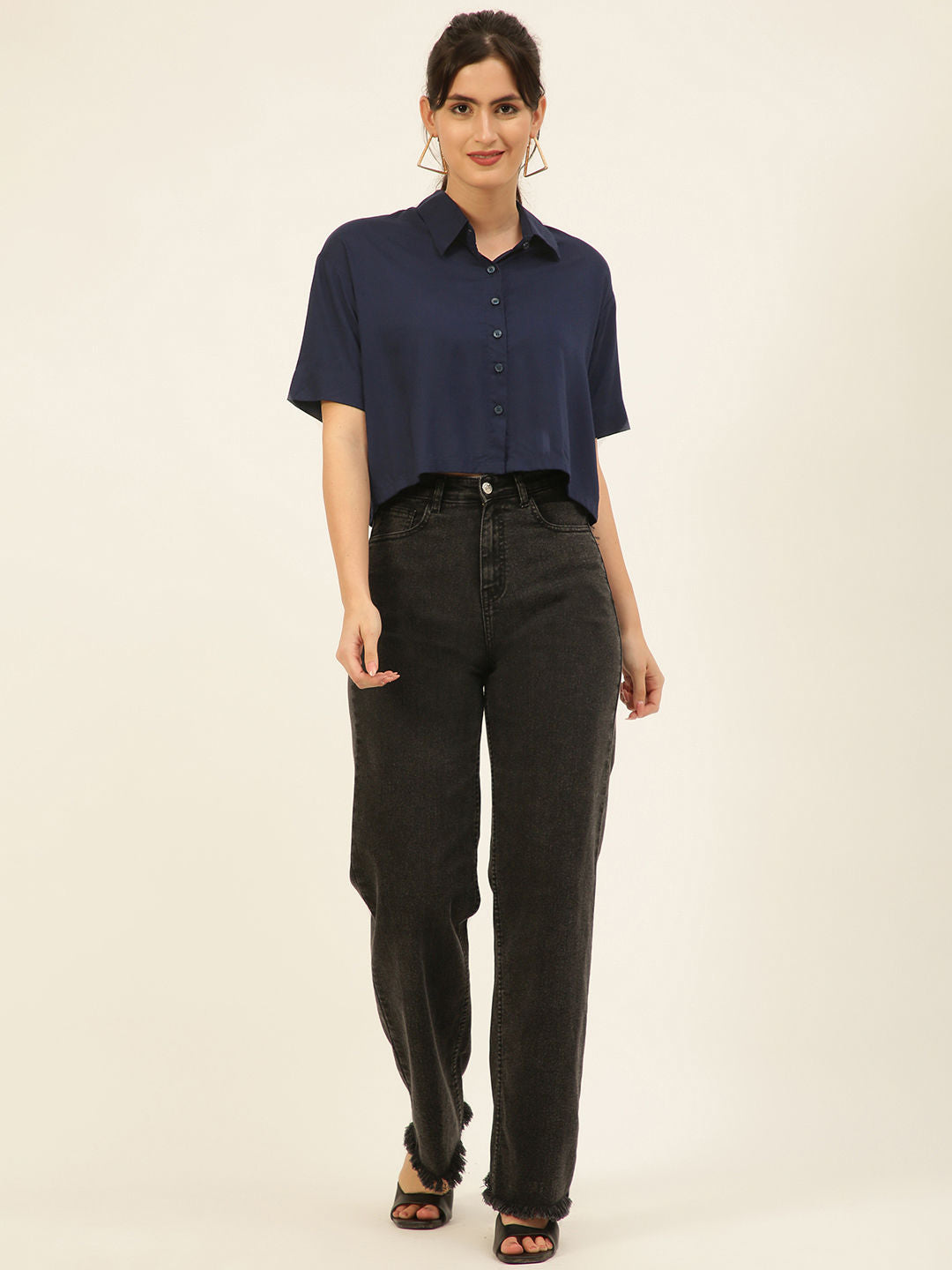 Solid Rayon Crop Shirt