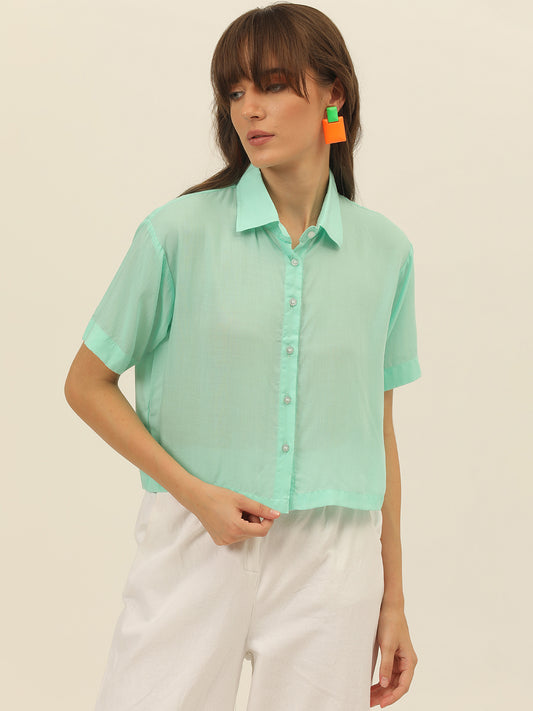Sea Green Softest Pastel Coloured Modal Women Crop Shirt