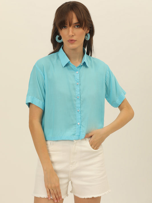 Pastel Blue Softest Modal Women Crop Shirt