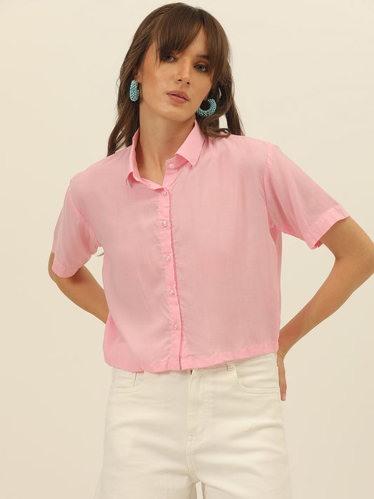 Baby Pink Softest Pastel Coloured Modal Women Crop Shirt