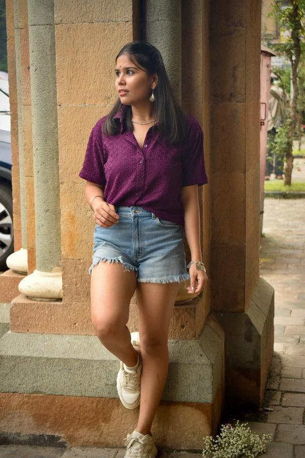 Chikankari Embroidered Women Crop Shirt