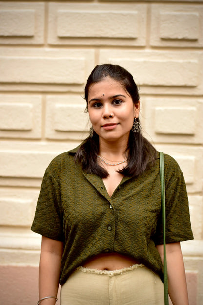 Chikankari Embroidered Women Crop Shirt