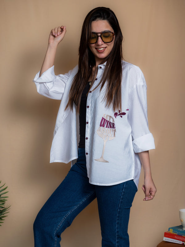 Women Embroidered Oversized Shirt - Let's Wine About it