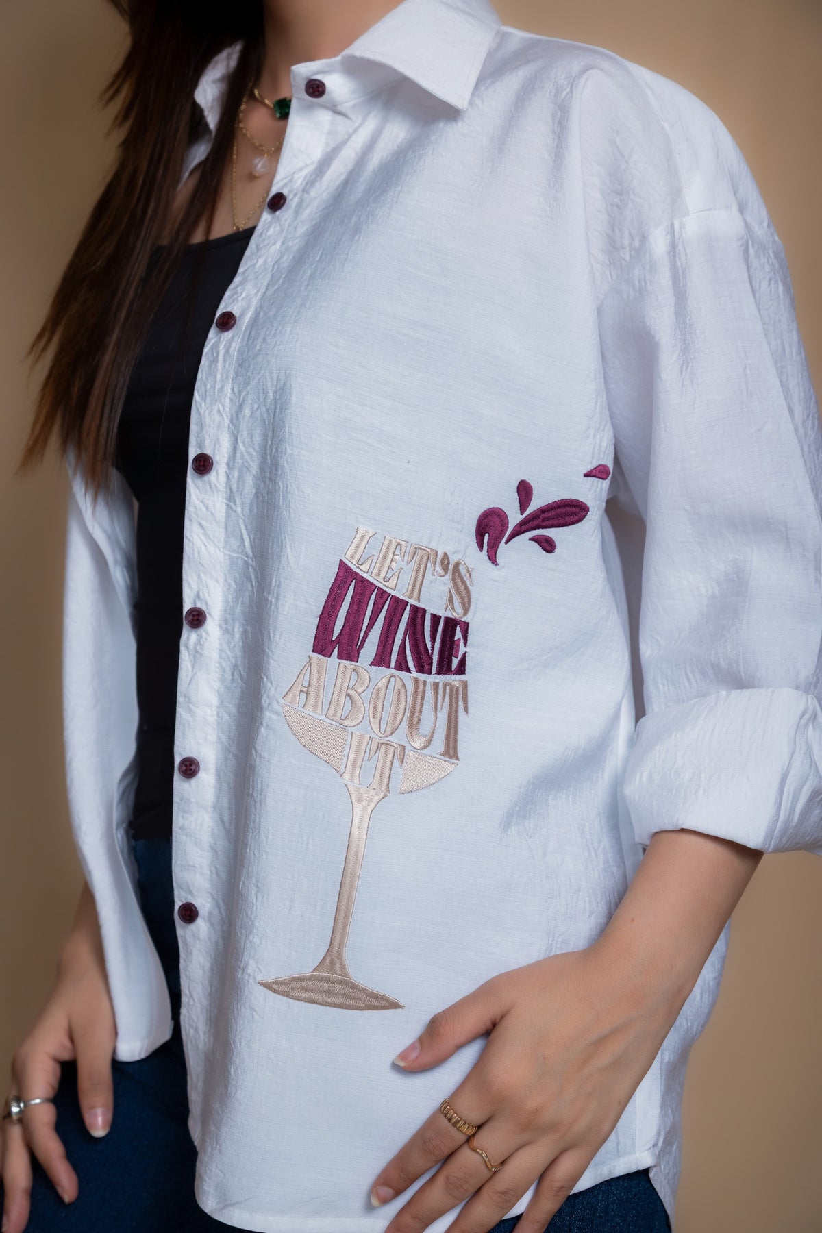 Women Embroidered Oversized Shirt - Let's Wine About it