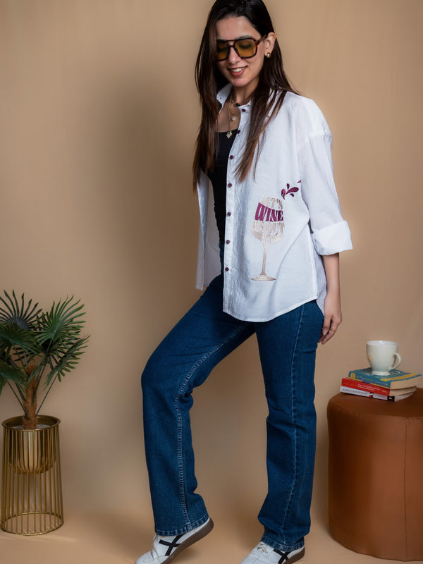 Women Embroidered Oversized Shirt - Let's Wine About it